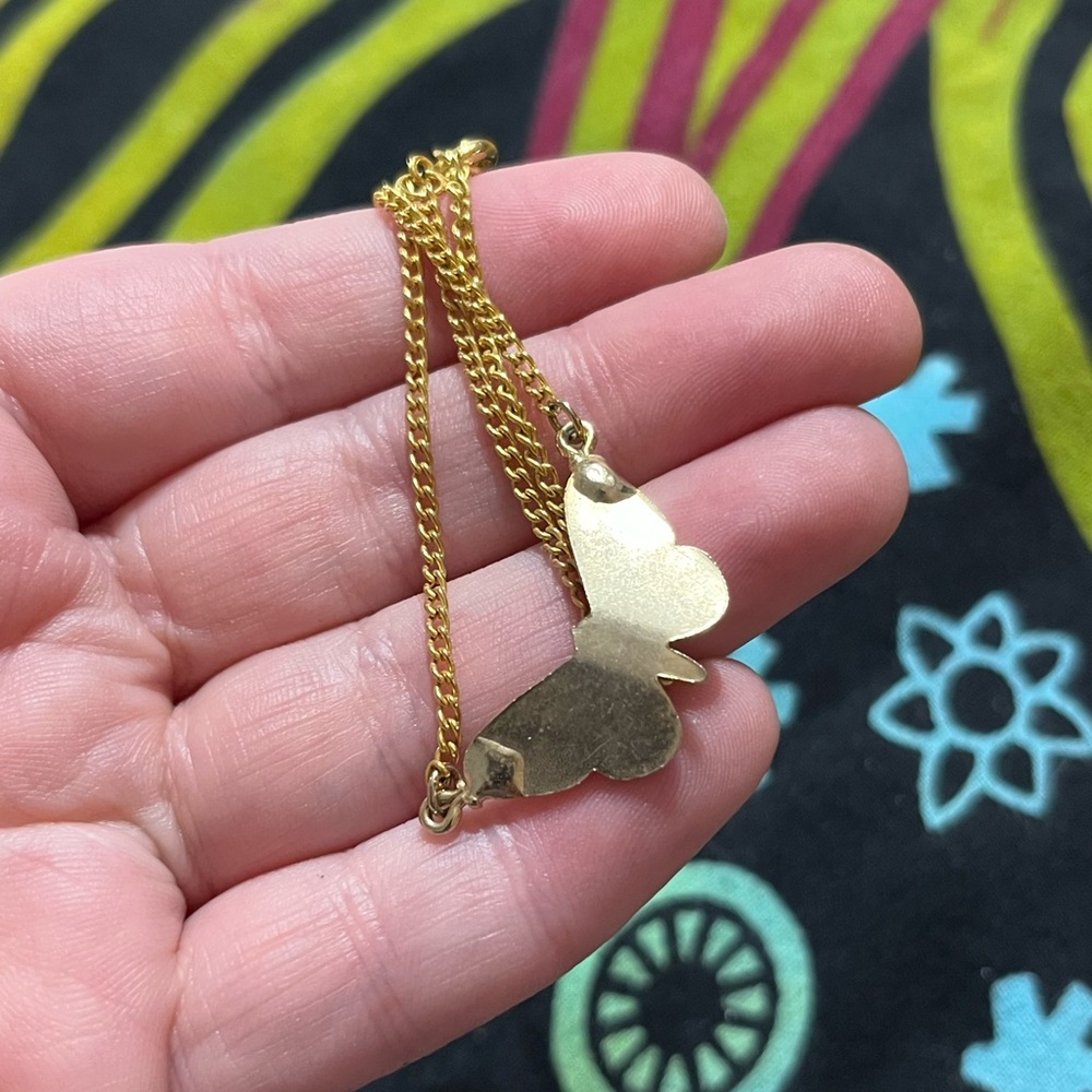 VTG Cottagecore Boho Orange Enamel Butterfly Gold Tone Metal Costume Necklace - Picture 3 of 5